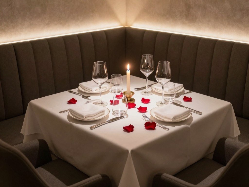 Romantic restaurant table setting with candles and wine
