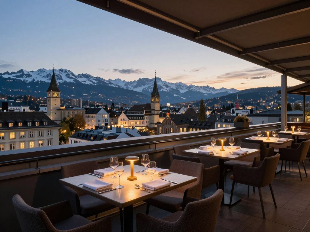 Rooftop restaurant terrace with Zurich city views at dusk