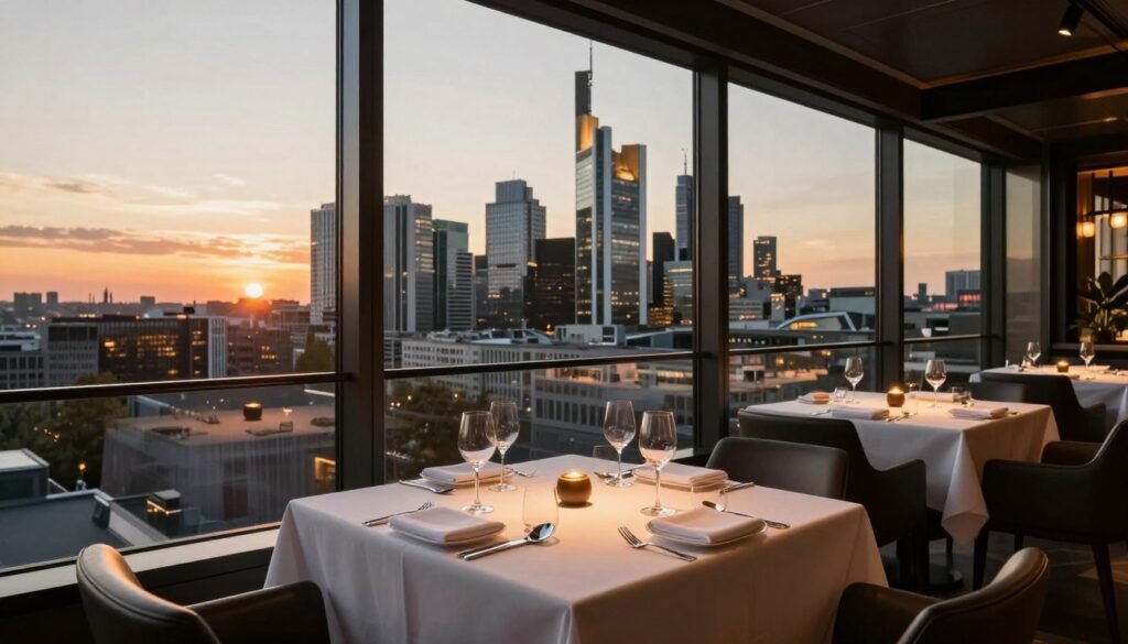 The Best Things to Do in Frankfurt 25 Rooftop restaurant with skyline views and elegant table settings at sunset