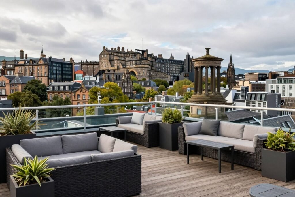 Best Hotels in Edinburgh Scotland 7 Rooftop terrace at Princes Street Suites in Edinburgh Scotland with city views