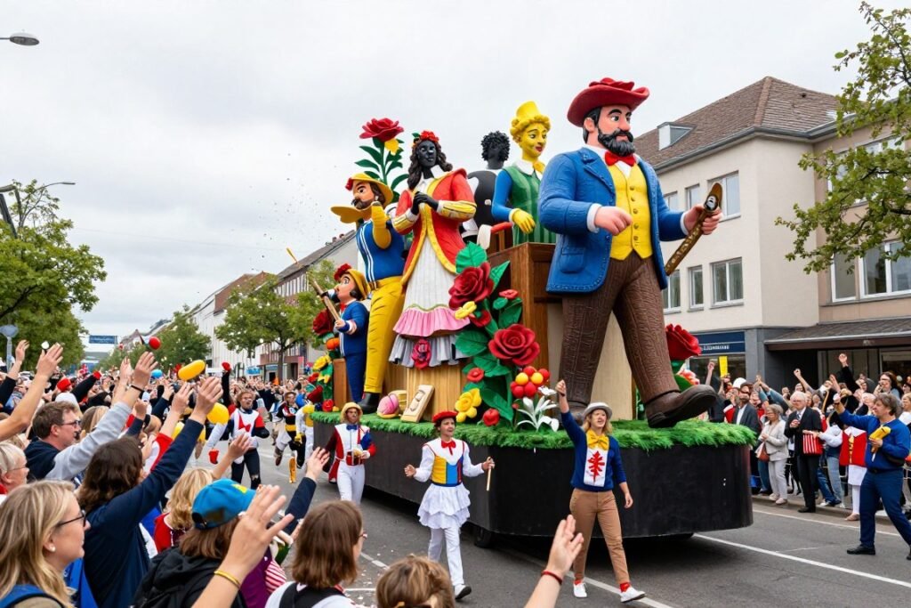 The Best Things to Do in Cologne 7 Rose Monday parade float with elaborate decorations and crowds throwing candy