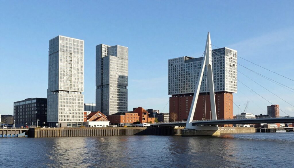 Rotterdam skyline with Erasmus Bridge and modern hotels in Rotterdam Netherlands