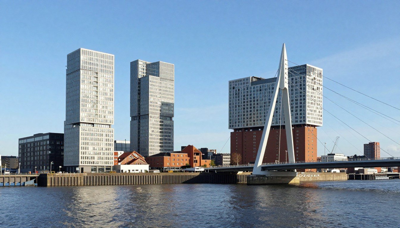 Rotterdam skyline with Erasmus Bridge and modern hotels in Rotterdam Netherlands