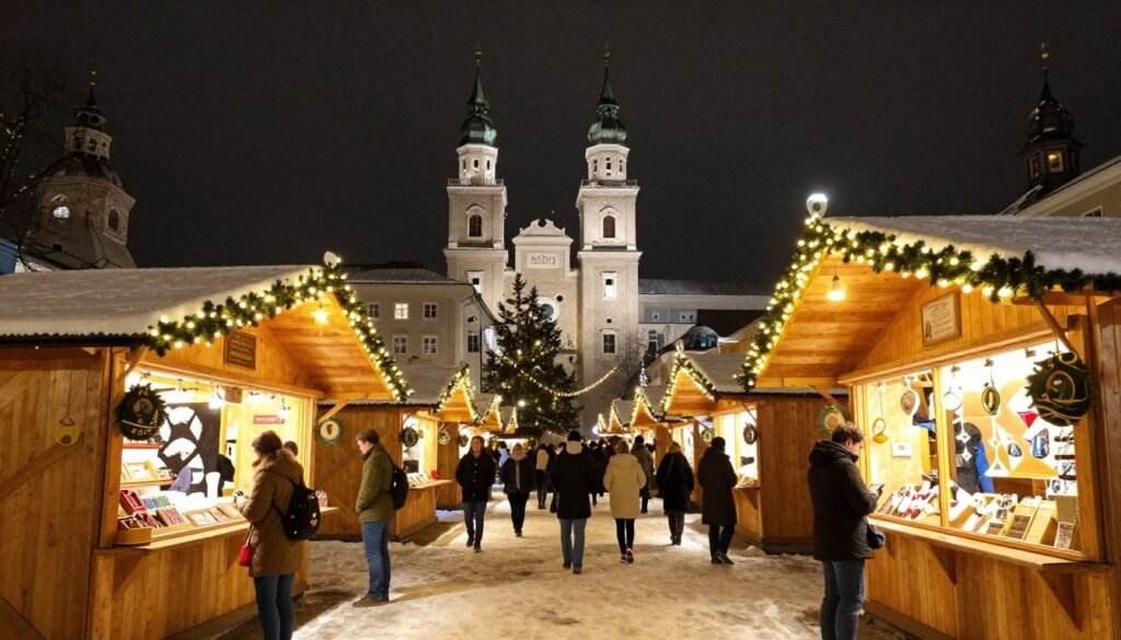 The Best Things to Do in Salzburg 11 Salzburg Christmas Market with cathedral in the background, illuminated stalls and festive decorations