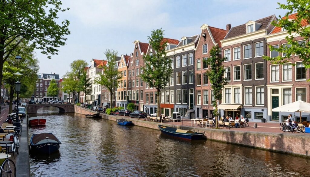 Scenic view of Amsterdam canals with traditional Dutch houses and boats