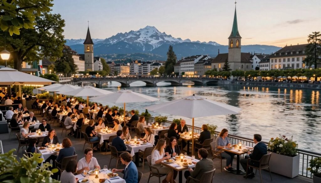 Scenic view of outdoor dining restaurants along Zurich's Limmat River at sunset
