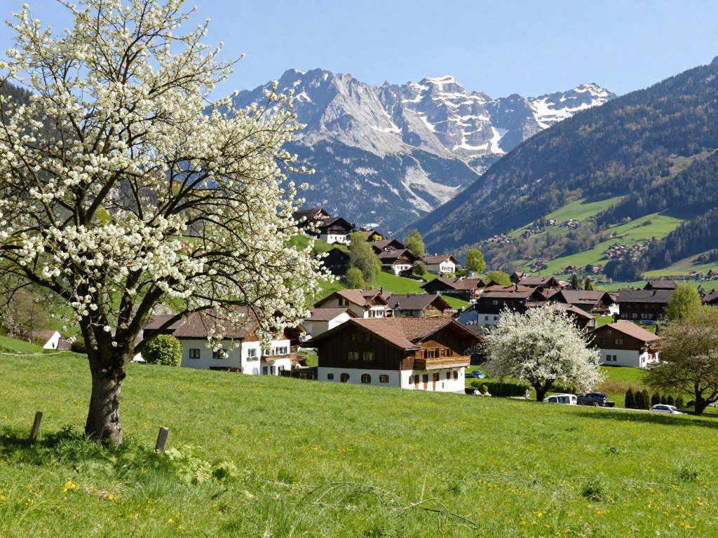 Schaan in spring with blooming flowers and green landscapes