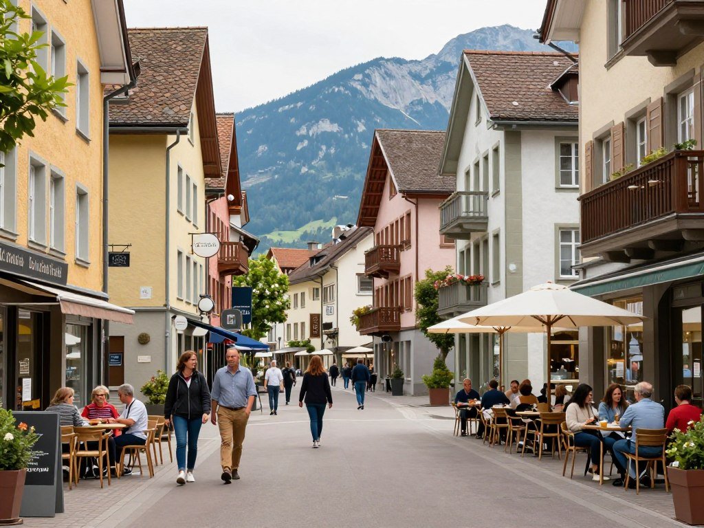 Schaan town center street view with shops and hotels