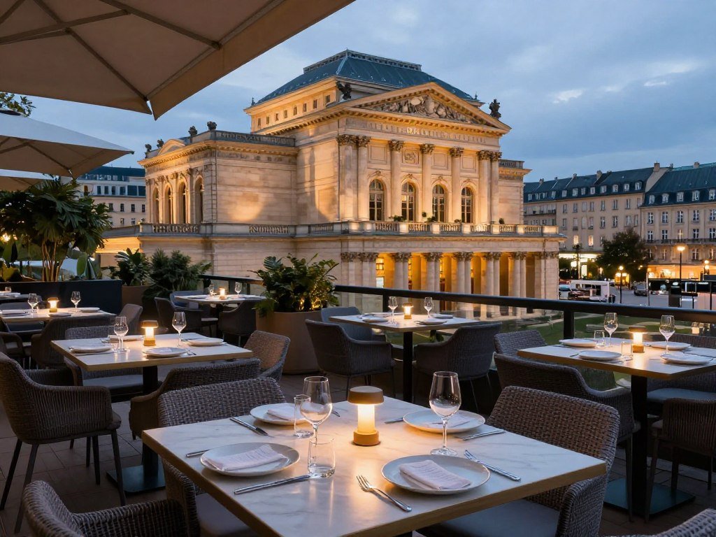 Schuman restaurant terrace with Grand Theatre view and shared dining
