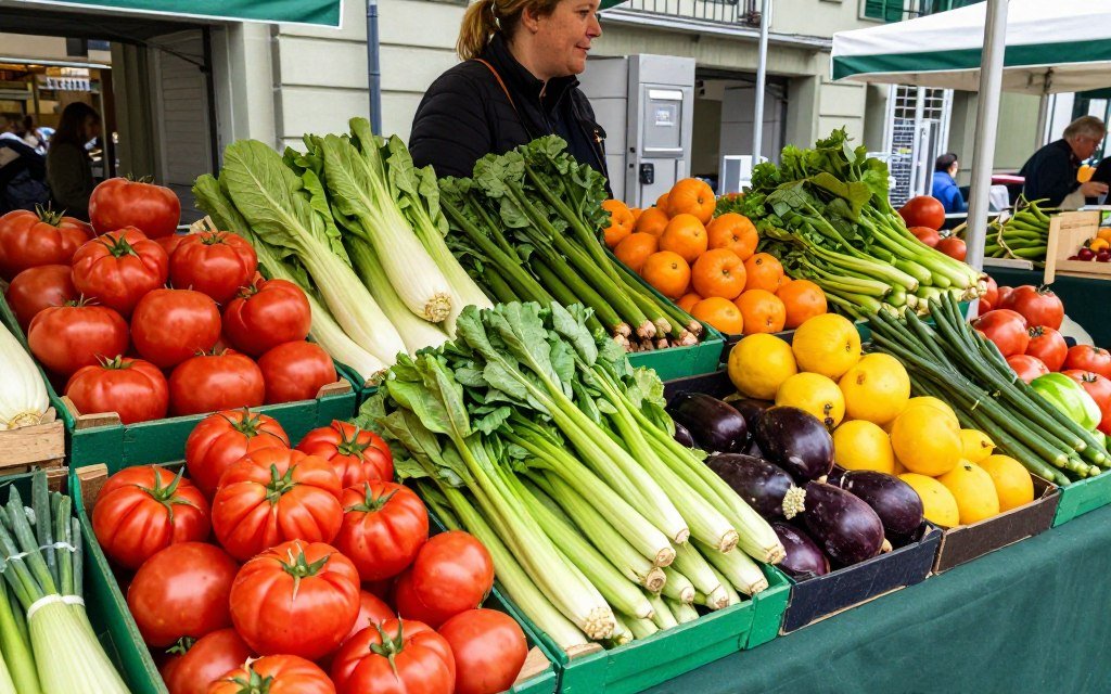Seasonal ingredients at Bern market - fresh vegetables and fruits