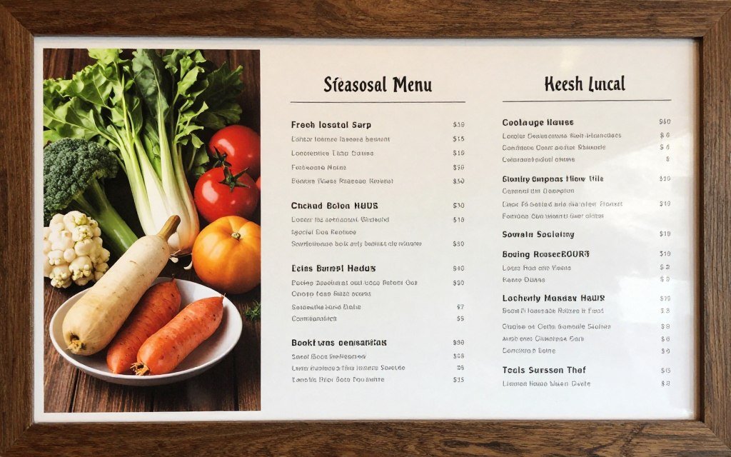 Seasonal menu display showing fresh local ingredients