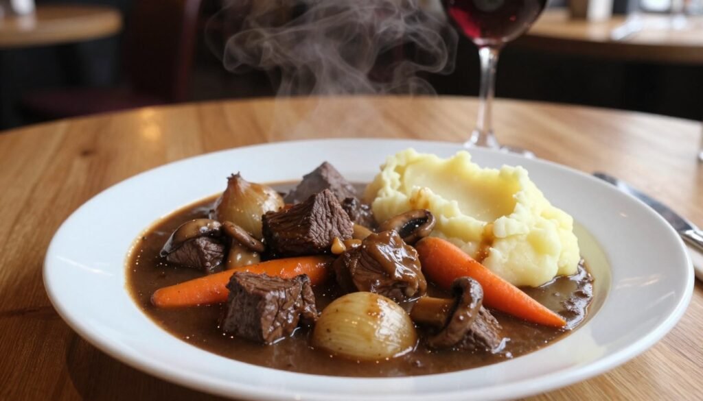 Seasonal winter dish of beef bourguignon at a restaurant in Paris
