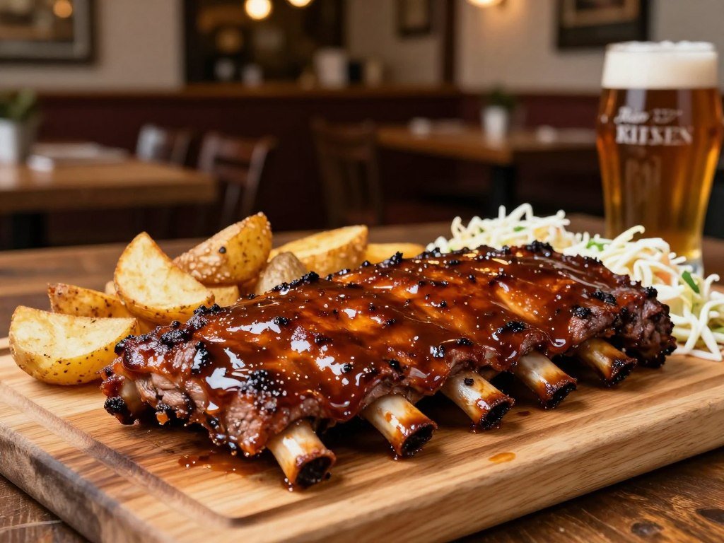 Slow-cooked ribs with sauce at Ribs 'n Beer restaurant in Bruges