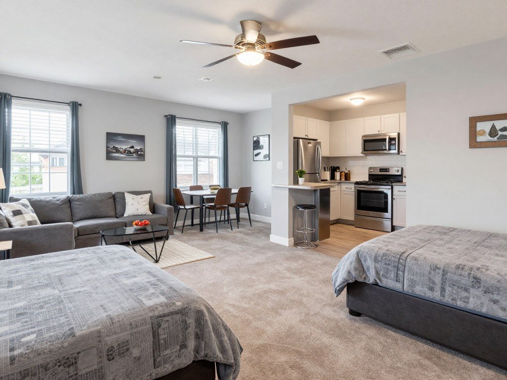 Spacious two-bedroom apartment with living area and full kitchen