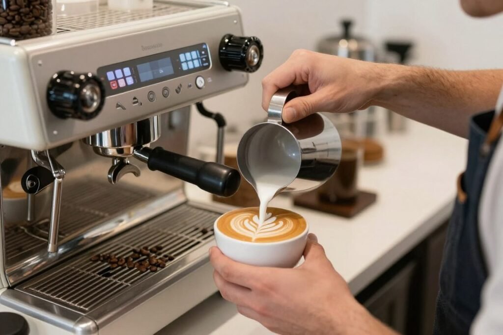 Specialty coffee being prepared at a modern café in Antwerp with barista pouring latte art
