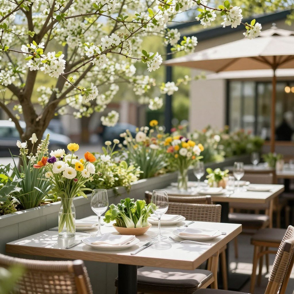Spring outdoor restaurant terrace with fresh flowers