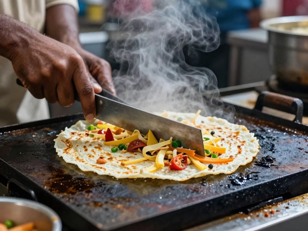 Sri Lankan kottu dish being prepared with metal blades on grill