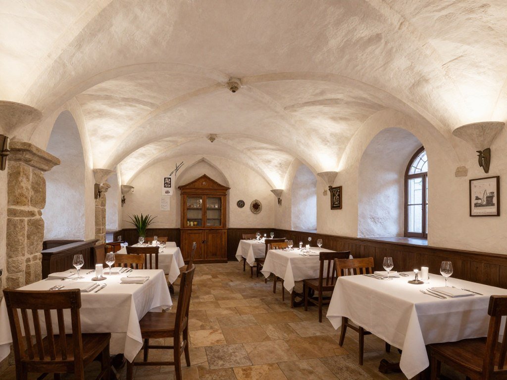 St. Peter Stiftskulinarium restaurant interior showing historic dining room with vaulted ceilings in Salzburg