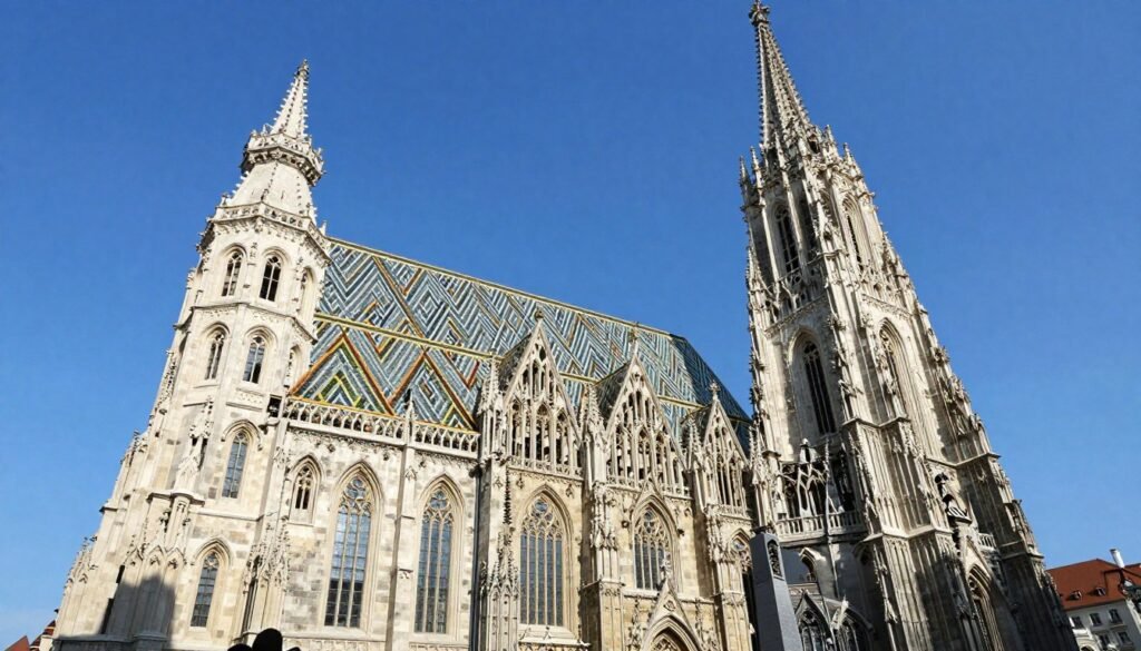 St. Stephen's Cathedral in Vienna with its distinctive colorful roof tiles and Gothic architecture