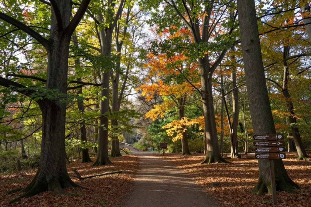 The Best Things to Do in Frankfurt 18 Stadtwald city forest with sunlight filtering through tall trees and hiking trail