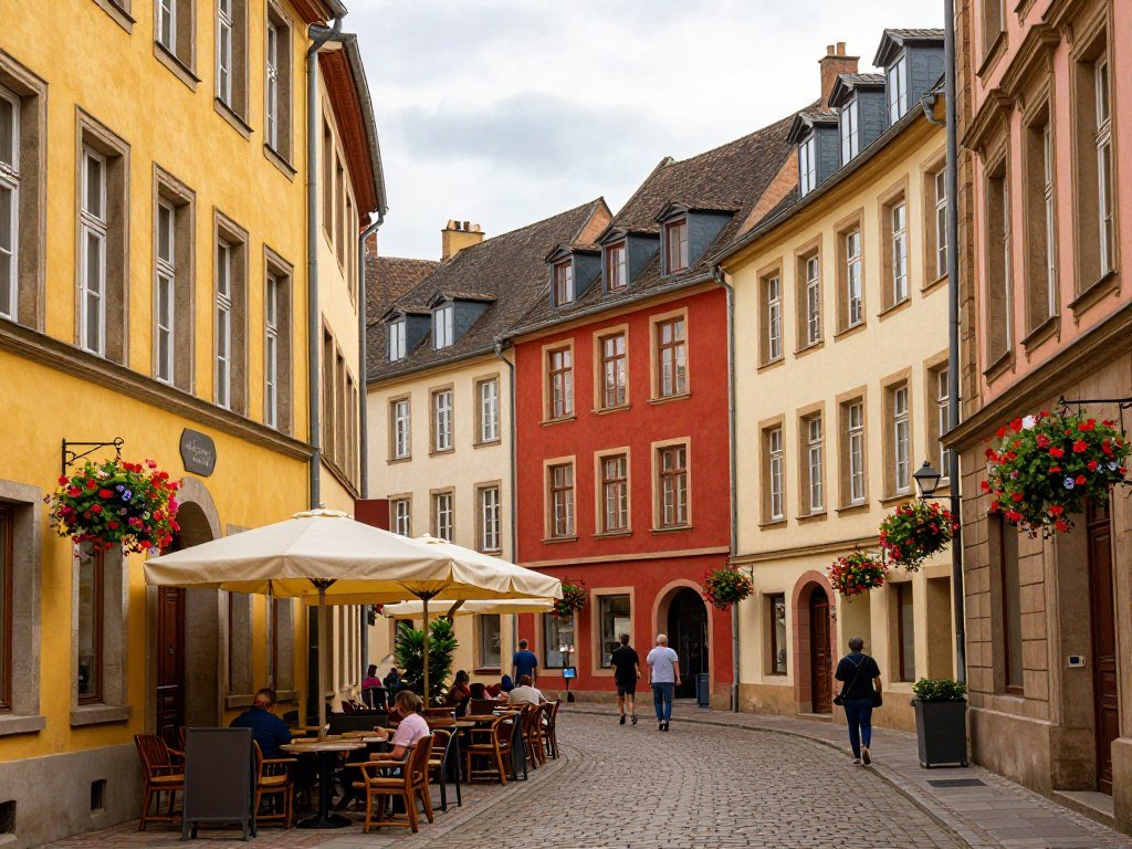 Street view of Esch-sur-Alzette old town with colorful building facades, outdoor cafe terraces, and pedestrians walking