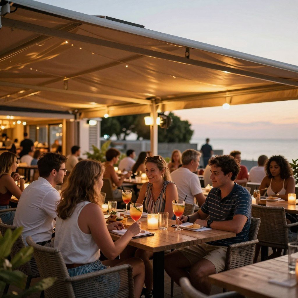 Summer evening outdoor dining with warm lighting