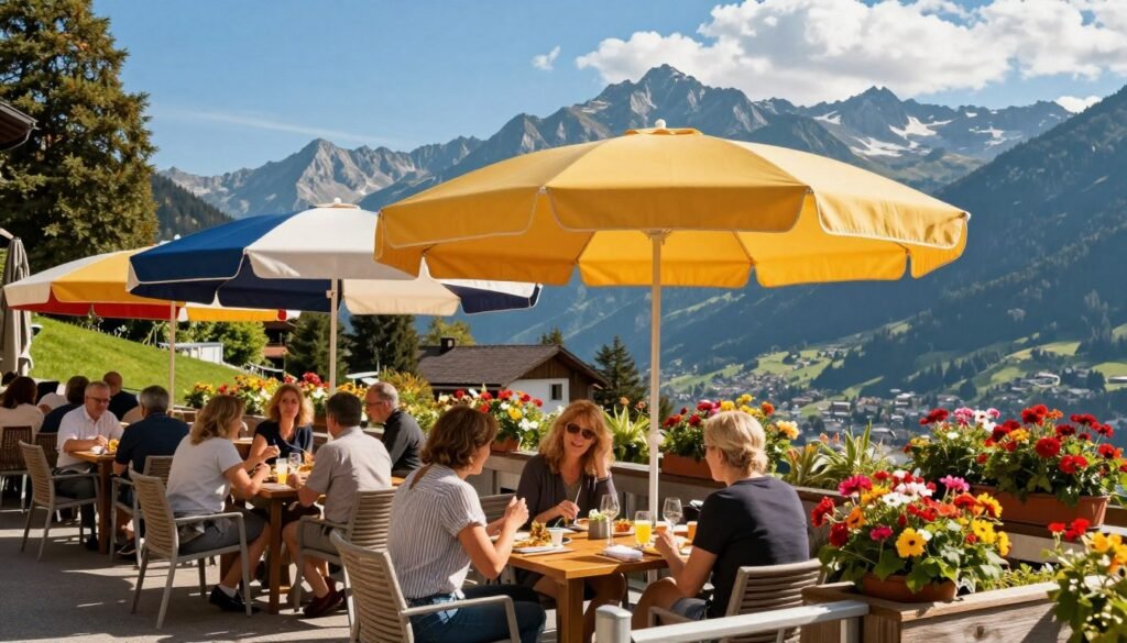 Summer outdoor dining terrace in Balzers with mountain views