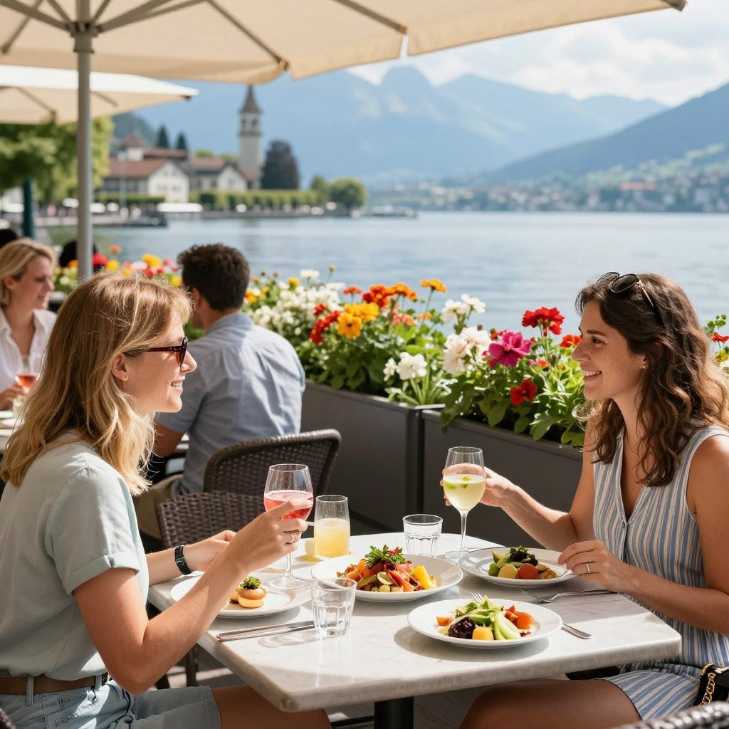Summer terrace dining with lake views