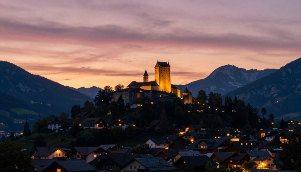 The Best Hotels in Balzers 17 Sunset over Balzers village showing hotels and castle silhouette