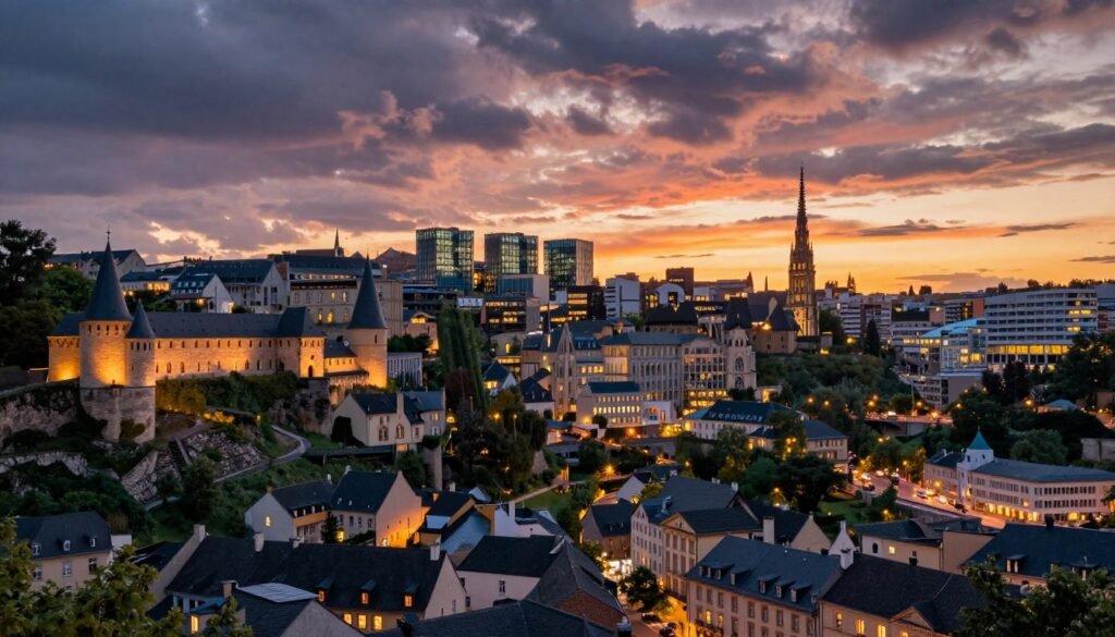 Sunset over Luxembourg City showing historic and modern architecture