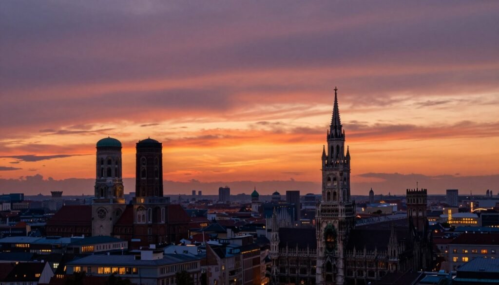 Sunset over Munich skyline with Frauenkirche towers