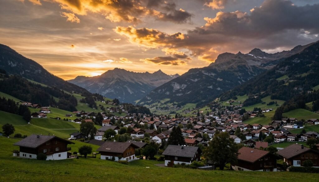Sunset over Schaan with golden light illuminating town and mountains