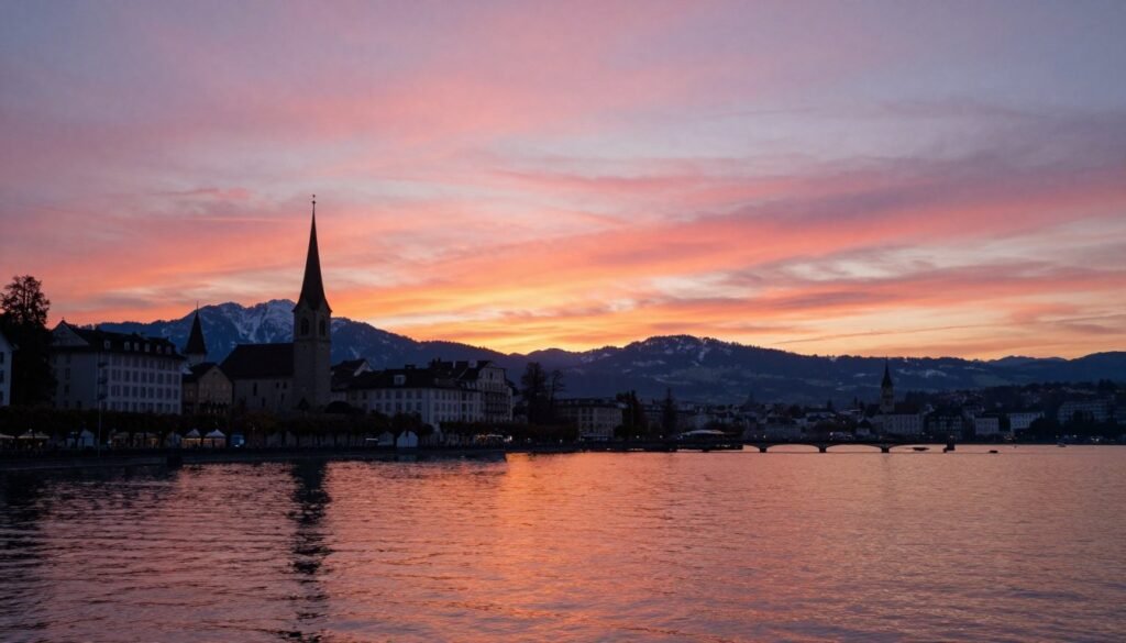 Sunset over Zurich with colorful sky reflected in lake