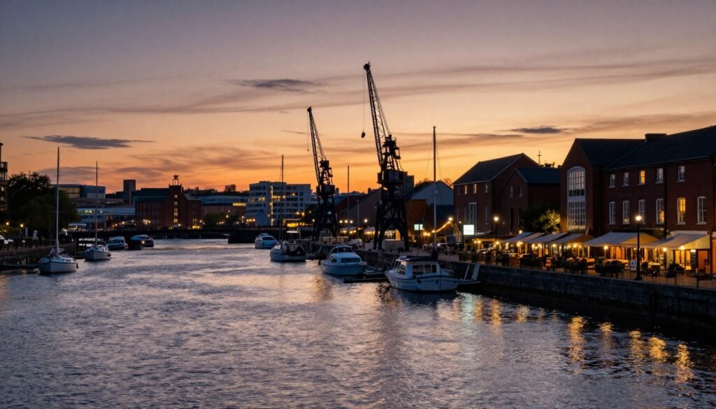 Sunset view of Bristol Harbourside with boats and historic buildings