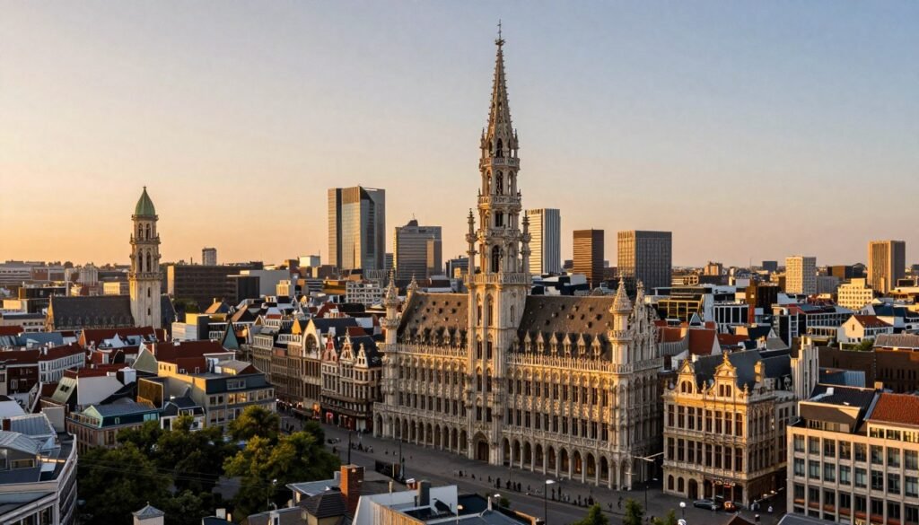 The Best Things to Do in Brussels 11 Sunset view of Brussels skyline showing the diverse architecture of the city