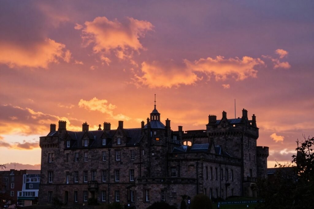 Sunset view of Edinburgh Dundas Castle with dramatic sky