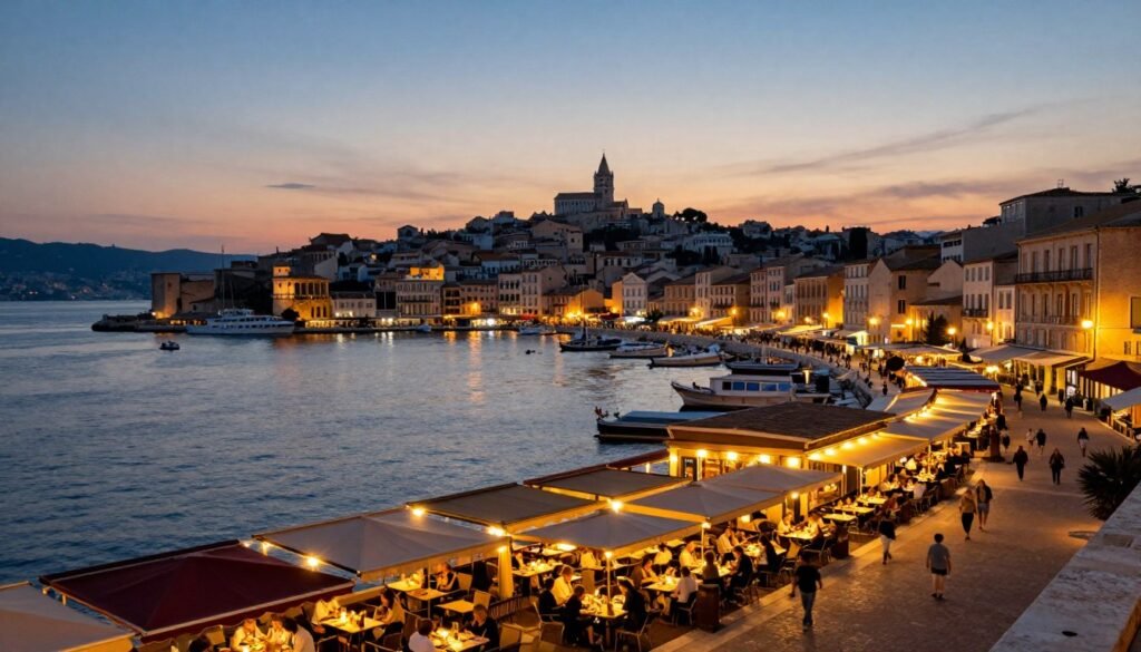 The Best Restaurants in Marseille 15 Sunset view of Marseille's Vieux Port with restaurants and cafés illuminated