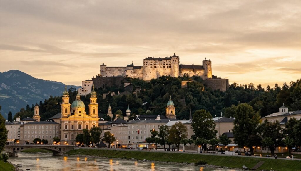 The Best Things to Do in Salzburg 12 Sunset view of Salzburg with the fortress illuminated and the Alps in the background