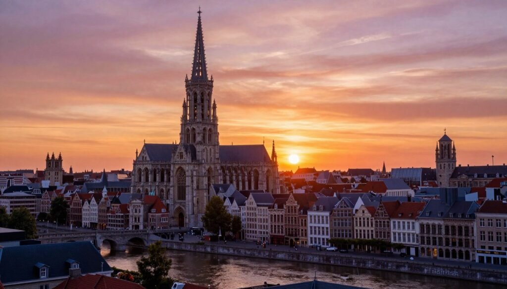 Sunset view over Antwerp's skyline with the Cathedral spire and historic buildings along the Scheldt River