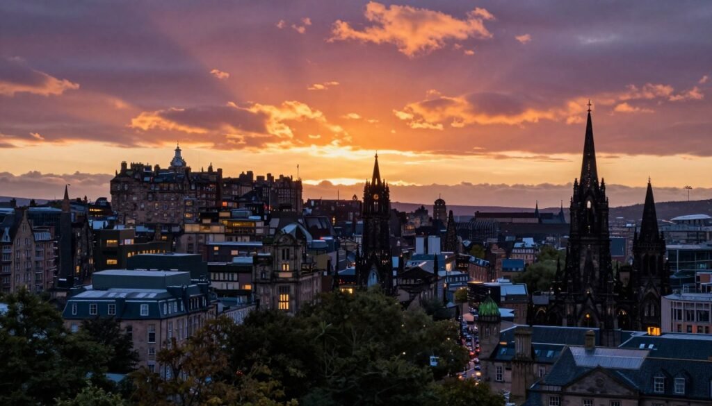 Sunset view over Edinburgh's skyline with the castle silhouetted against a dramatic sky