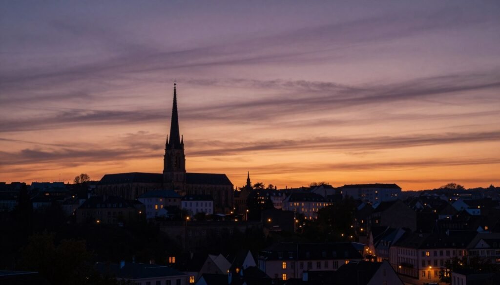 Sunset view over Esch-sur-Alzette town with church tower and buildings silhouetted
