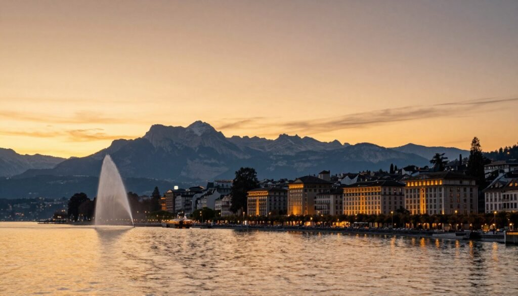 Sunset view over Geneva with hotels illuminated along Lake Geneva waterfront