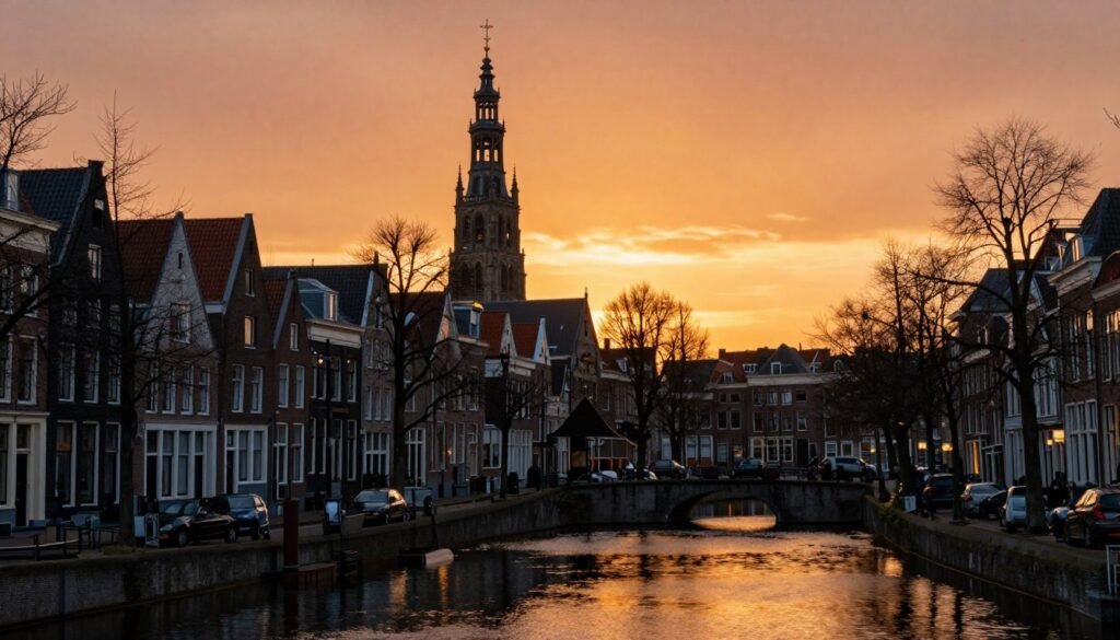 Sunset view over Haarlem's historic center with church spires and canal reflections