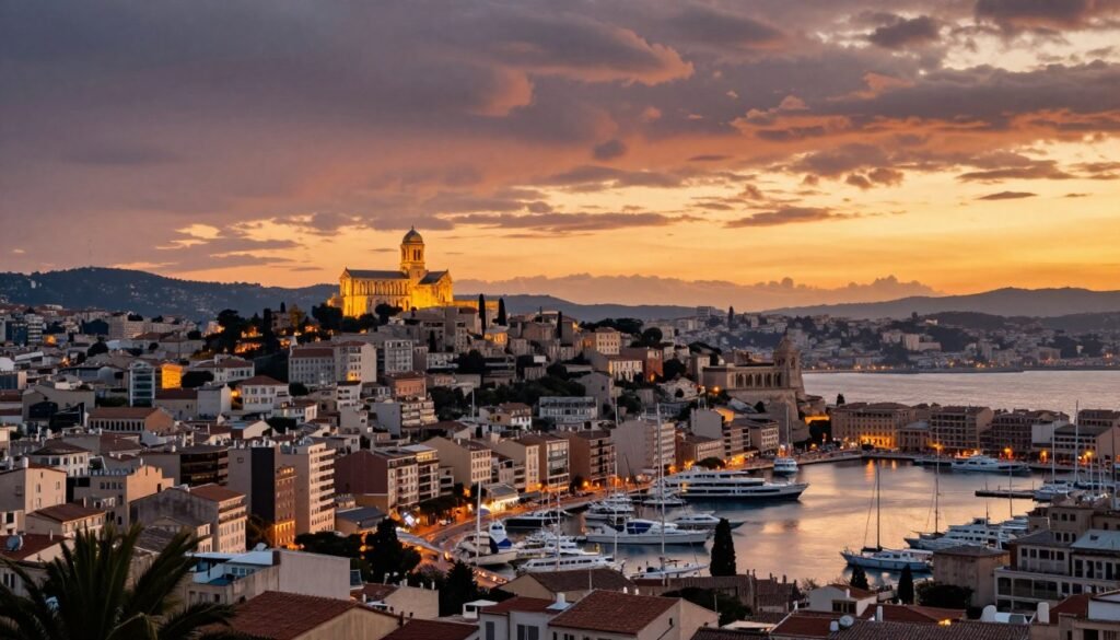 The Best Things to Do in Marseille 22 Sunset view over Marseille with Notre-Dame de la Garde illuminated and the Mediterranean Sea