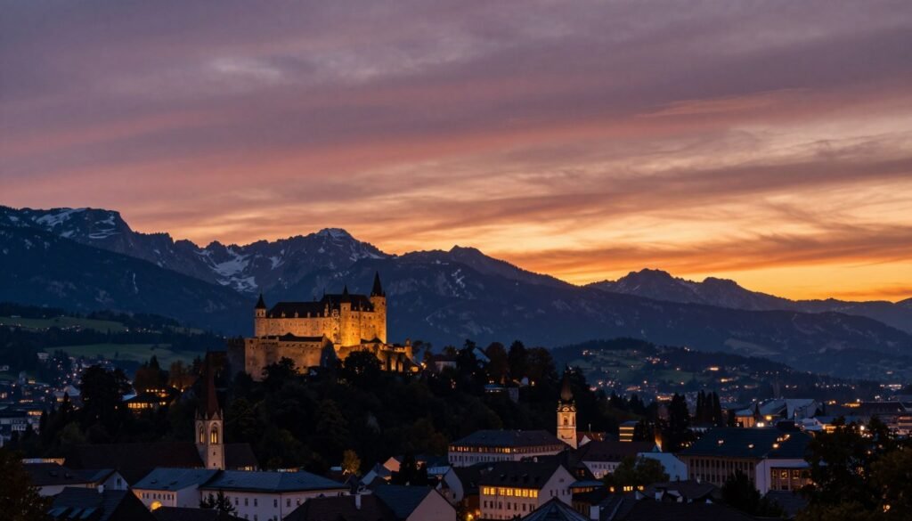 The Best Things to Do in Vaduz 8 Sunset view over Vaduz with castle silhouette and Alpine glow