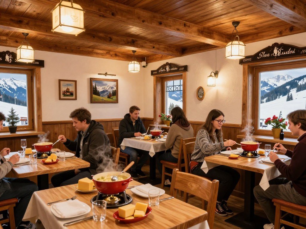 Swiss Chuchi Restaurant interior with alpine decor and fondue service