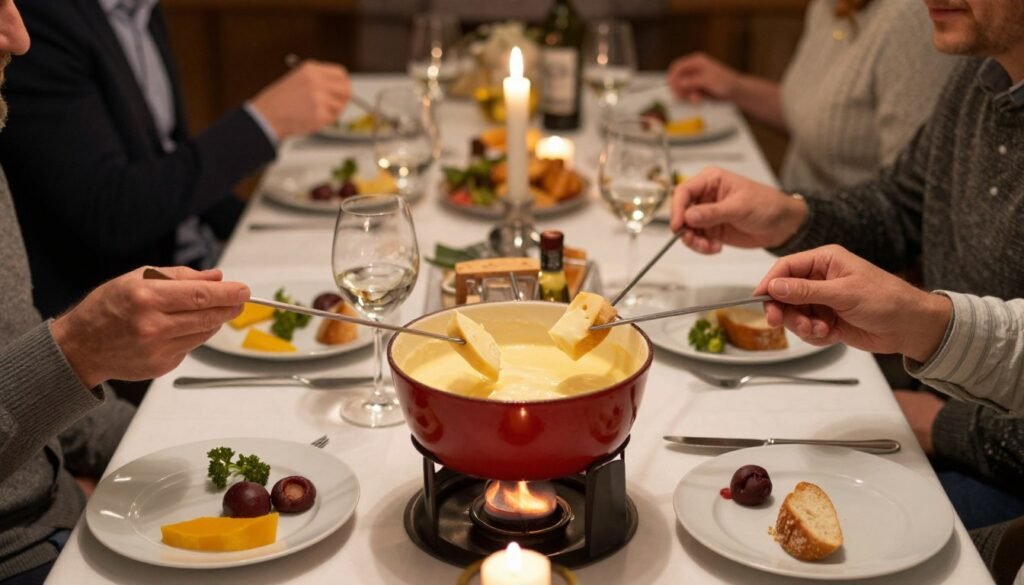 Swiss fondue dinner setting with multiple guests