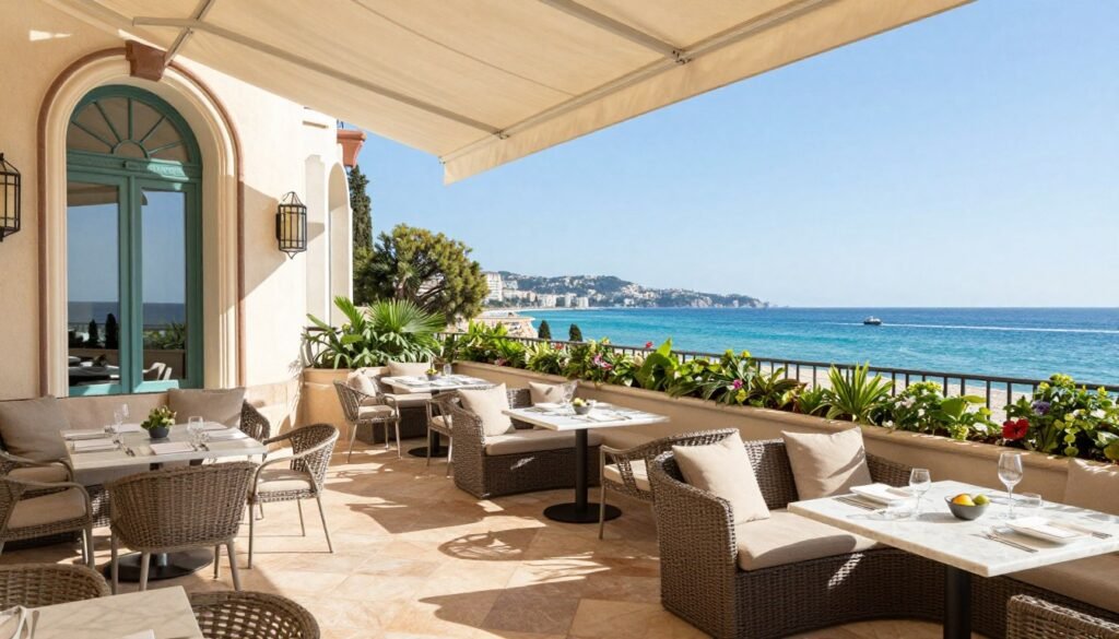 The Best Hotels in Nice 3 Terrace view from Hyatt Palais de la Méditerranée overlooking the Mediterranean