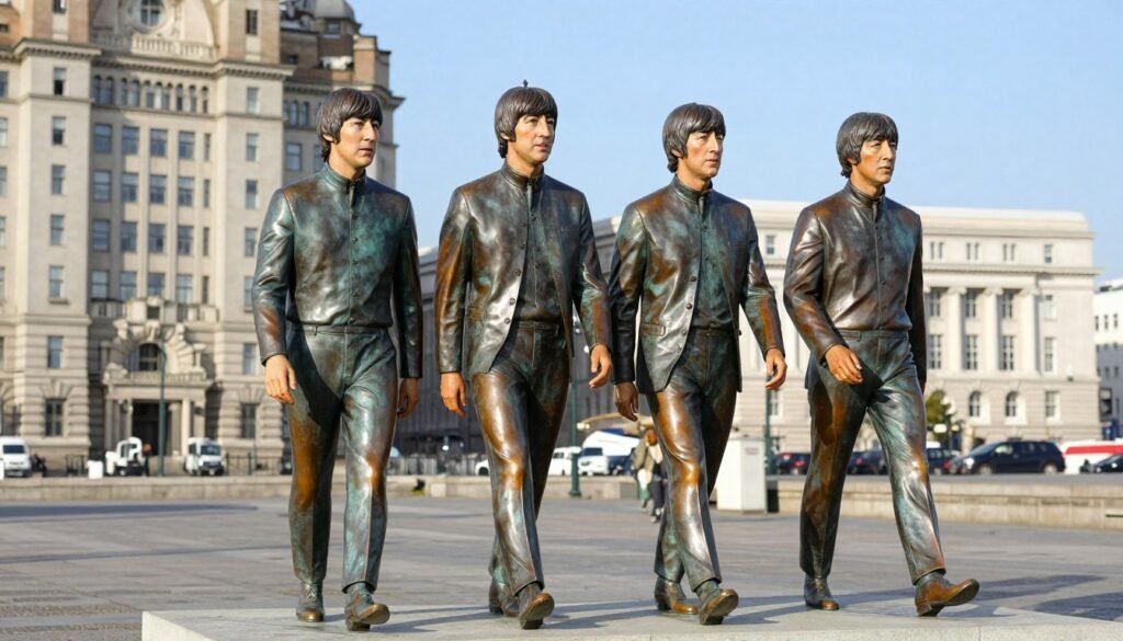 The Beatles statue at Liverpool Pier Head with the Three Graces buildings in background