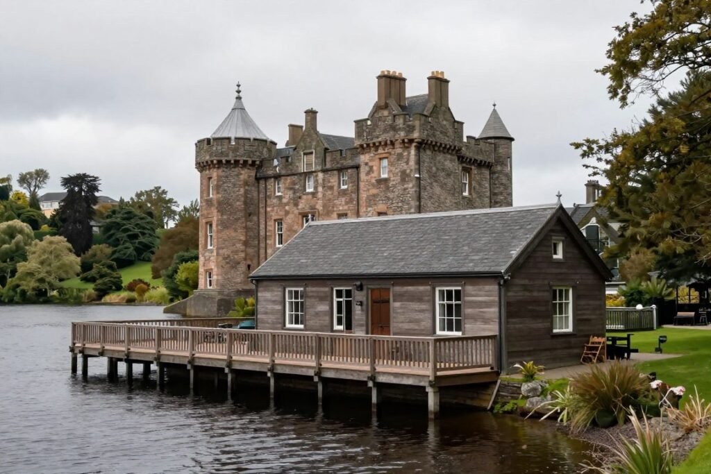 The Boathouse accommodation at Edinburgh Dundas Castle overlooking the loch